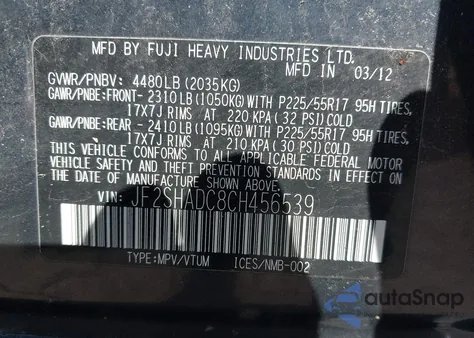 2012 Subaru Forester 2.5X Premium from USA, damaged, VIN JF2SHADC8CH456539